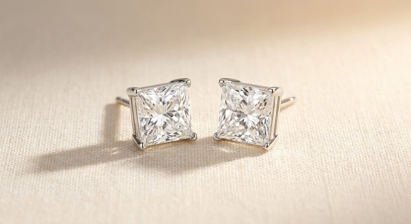 IGI certified lab-grown diamond stud earrings, princess cut F+/VS+ 14k white gold, studio hero shot