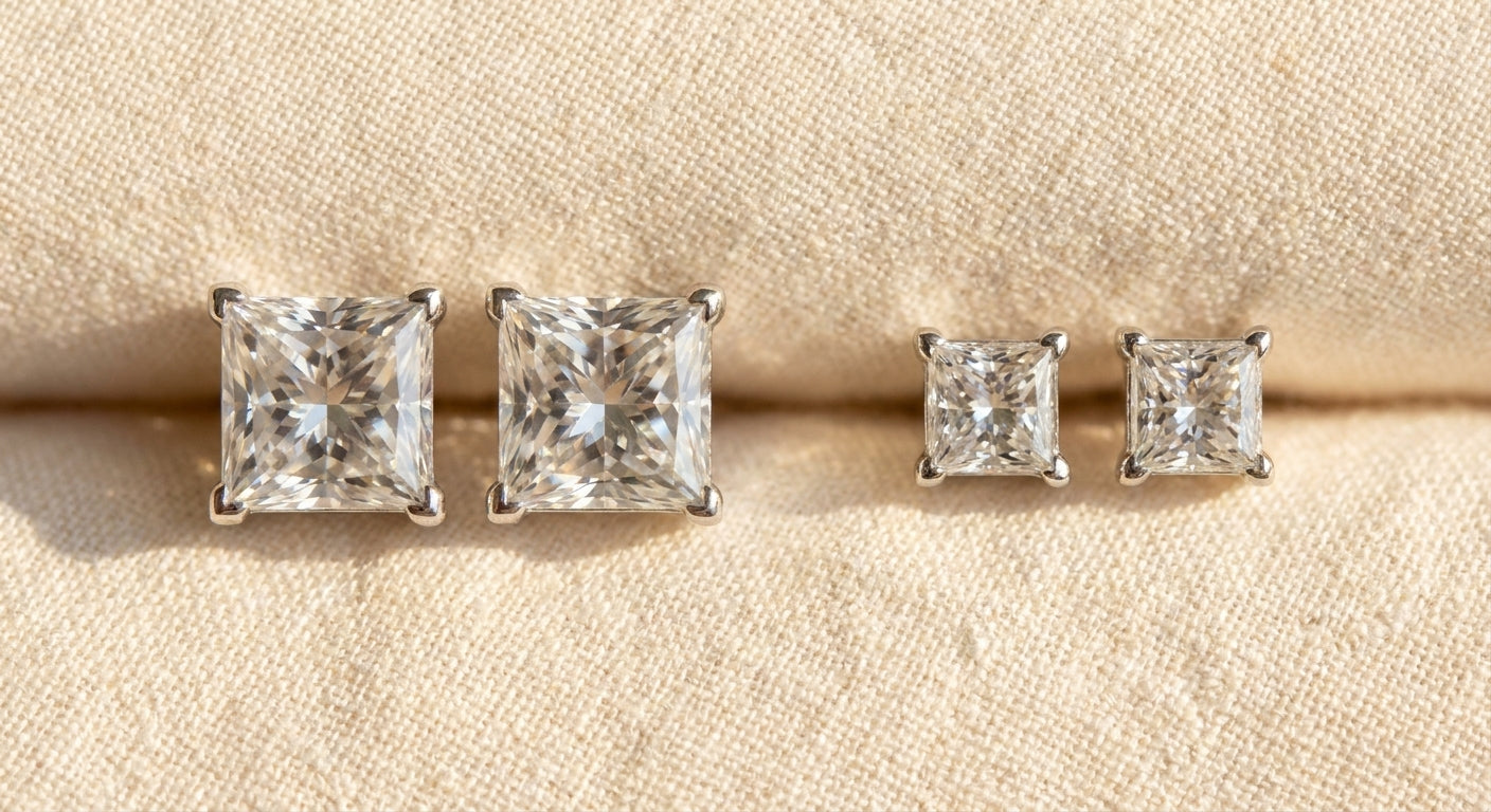 IGI certified lab-grown diamond stud earrings, princess cut his and hers matching pair