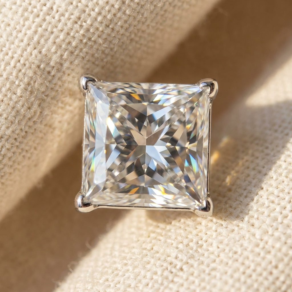 IGI certified lab-grown diamond stud earrings princess cut, macro detail overhead flat lay