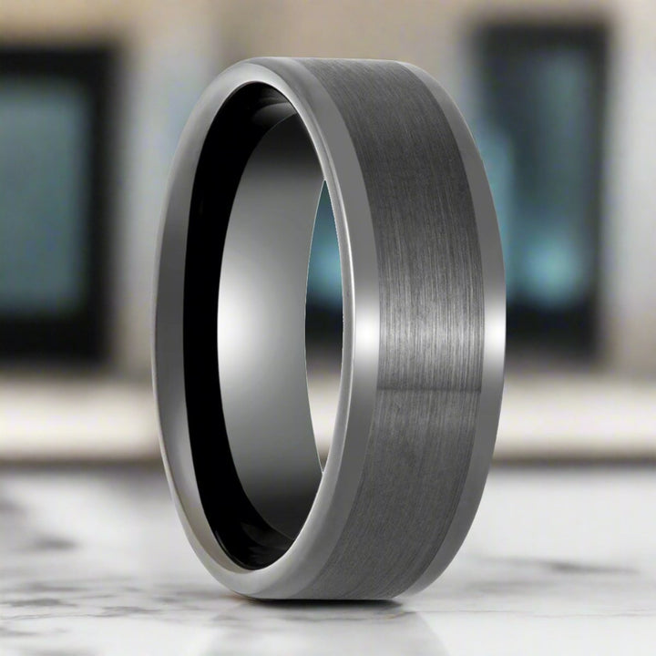 IGNITION - Gun Metal Tungsten Ring, Brushed Center & Polished Edges, Flat - Rings - Aydins Jewelry - 3