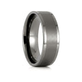 IGNITION gunmetal tungsten wedding ring with brushed center and pipe-cut flat edges - front view