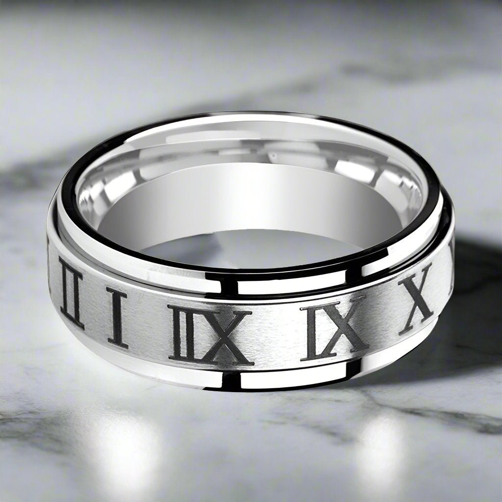 IMPERIUS | Silver Tungsten Ring, Fidget Spinner, Roman Numerals Engraved - Rings - Aydins Jewelry - 3