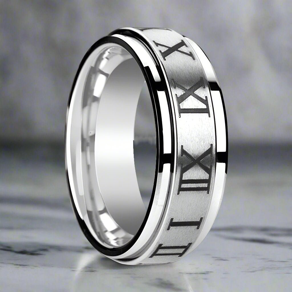 IMPERIUS | Silver Tungsten Ring, Fidget Spinner, Roman Numerals Engraved - Rings - Aydins Jewelry - 1