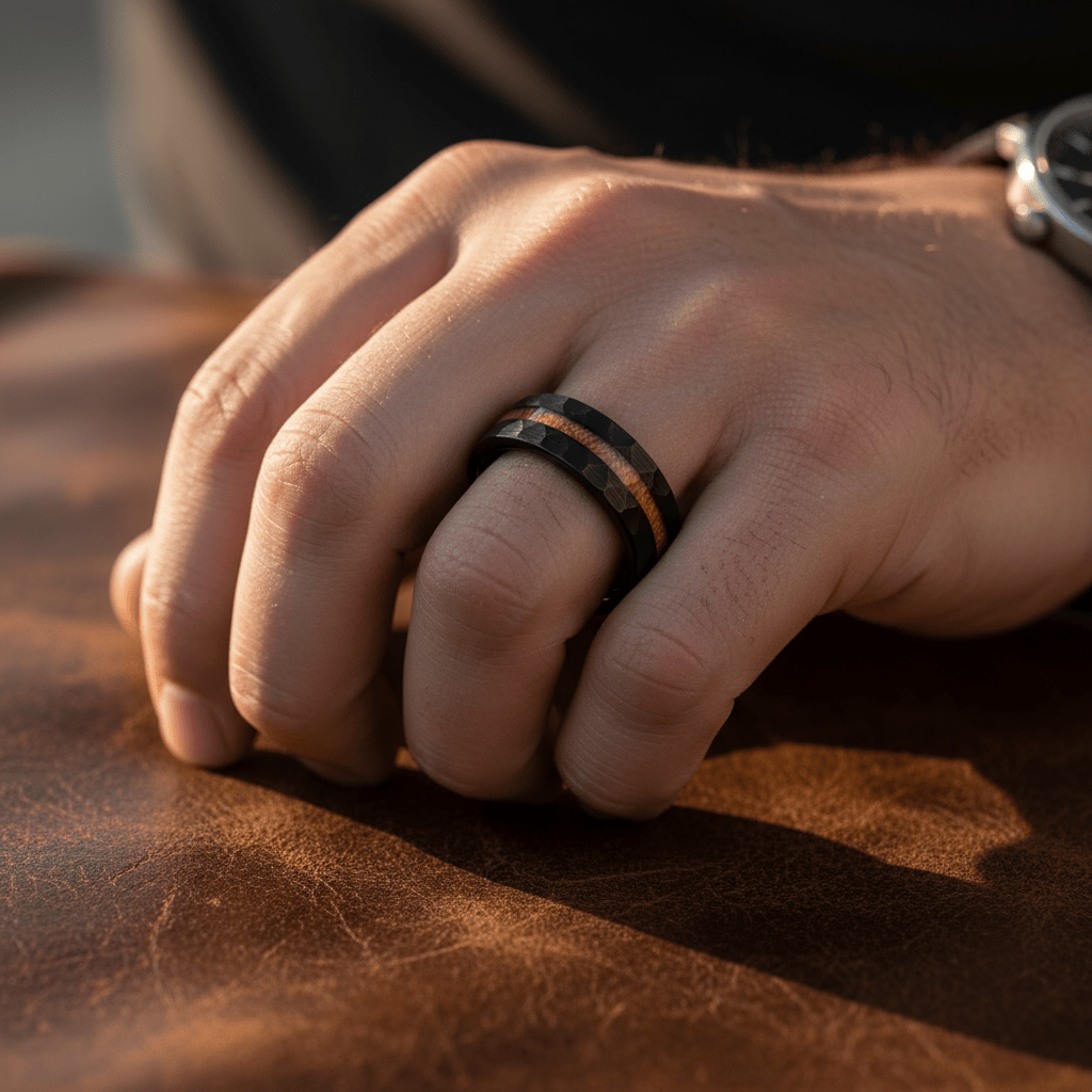 INFERNAL — Lifestyle photo on hand — men's tungsten wedding ring.