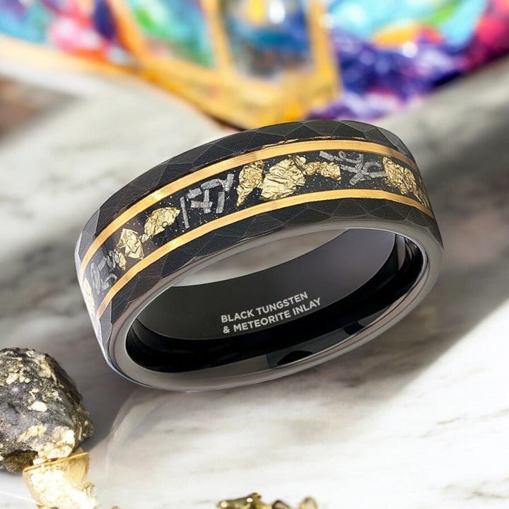 Side view of INFINIA tungsten ring featuring hammered edges and meteorite inlay.