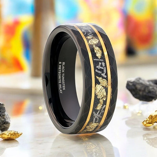 INFINIA black tungsten ring with meteorite inlay and gold flakes by Aydins Jewelry.