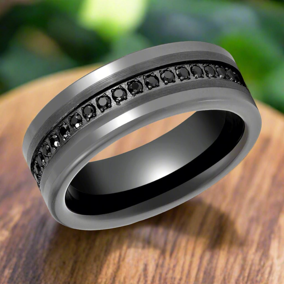 INFINITUM | Gun Metal Tungsten Ring, Black CZ Eternity, Flat - Rings - Aydins Jewelry - 4