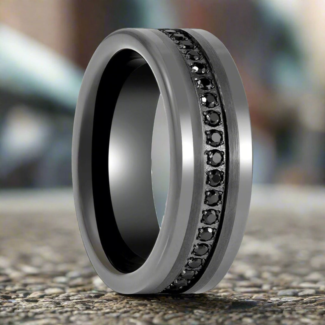 INFINITUM | Gun Metal Tungsten Ring, Black CZ Eternity, Flat - Rings - Aydins Jewelry - 3