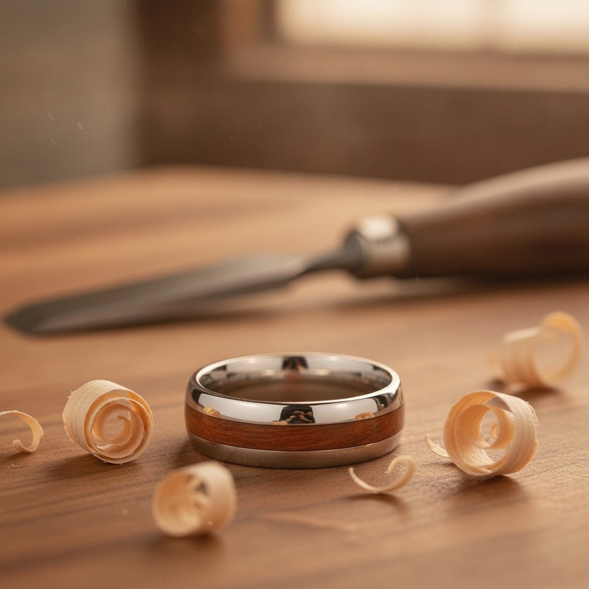 Aydins INVINCIBLE | Iron Wood, Silver Tungsten Ring, Shiny, Domed lifestyle scene, carpenter bench