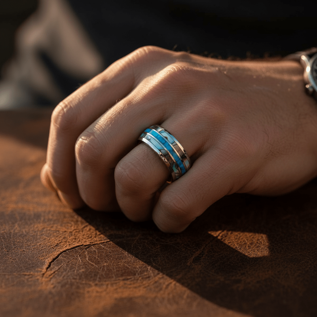 IRIDIAN — Lifestyle photo on hand — men's tungsten wedding ring.