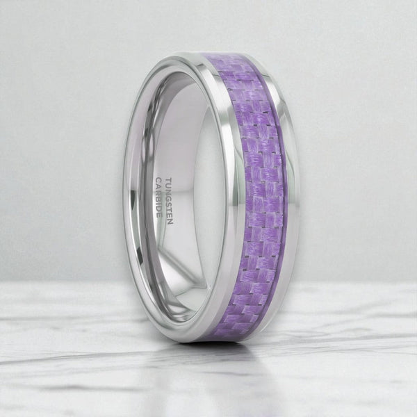 IRIS tungsten ring with purple carbon fiber inlay, side view