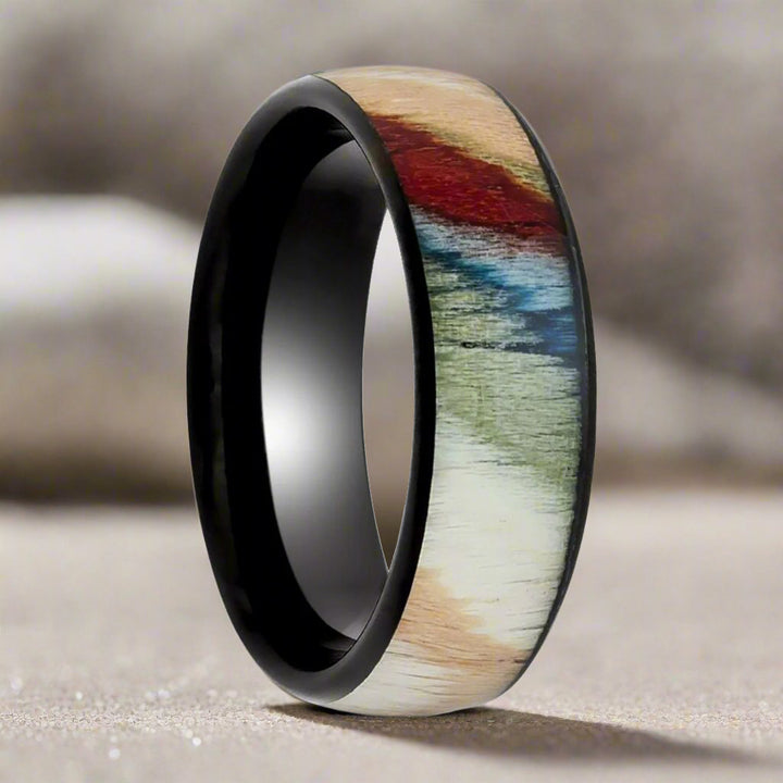 IRONBARK - Black Tungsten Ring, Colorful Dyed Rosewood Inlay - Rings - Aydins Jewelry - 1