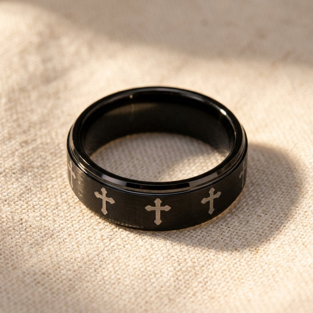 IRONLANCE brushed black tungsten laser-engraved cross wedding ring 8mm macro detail overhead flat lay