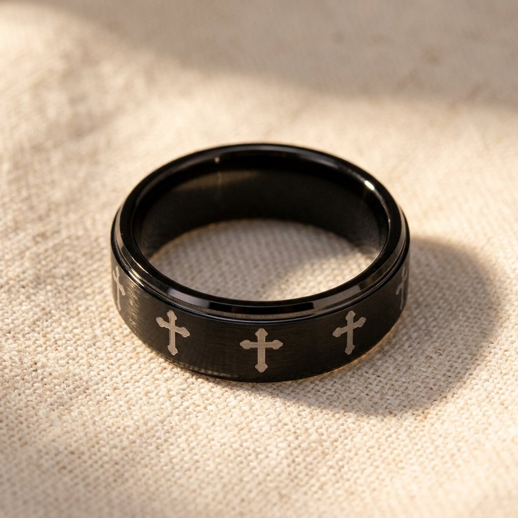 IRONLANCE brushed black tungsten laser-engraved cross wedding ring 8mm macro detail overhead flat lay