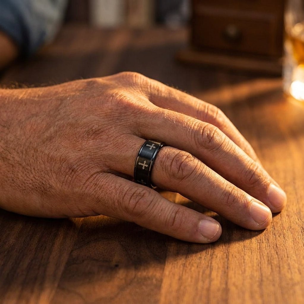 IRONLANCE brushed black tungsten cross wedding ring 8mm worn on hand at walnut table, lifestyle photo