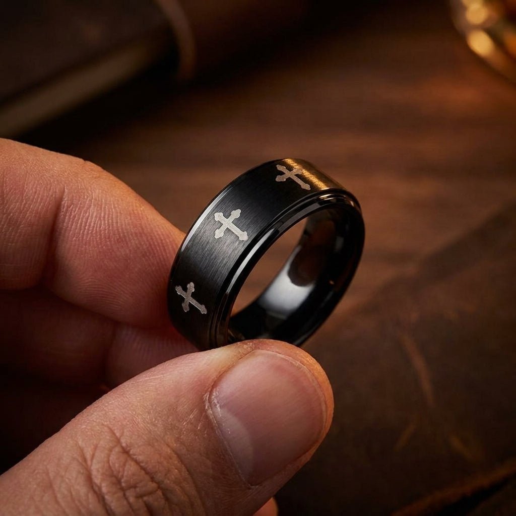 IRONLANCE 8mm black tungsten wedding ring held to show light-gray etched cross detail
