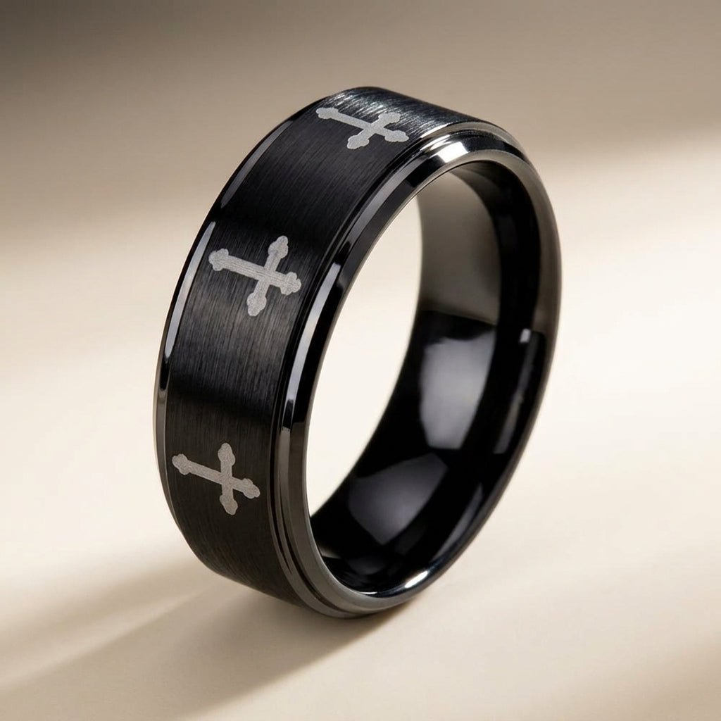 IRONLANCE brushed black tungsten laser-engraved cross wedding ring 8mm, studio hero shot