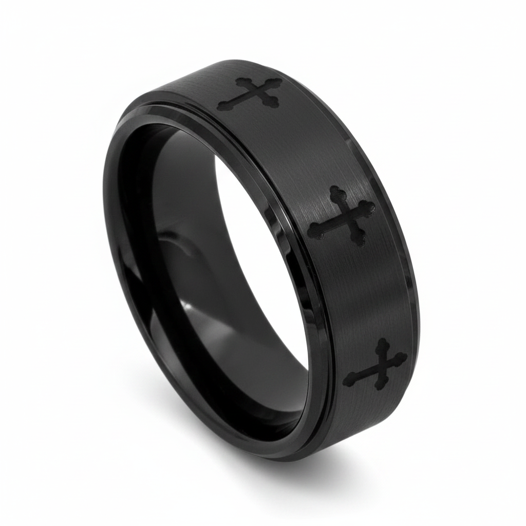 IRONLANCE brushed black tungsten 8 laser-engraved cross wedding ring 8mm hero