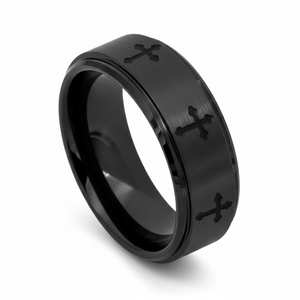 IRONLANCE brushed black tungsten 8 laser-engraved cross wedding ring 8mm hero