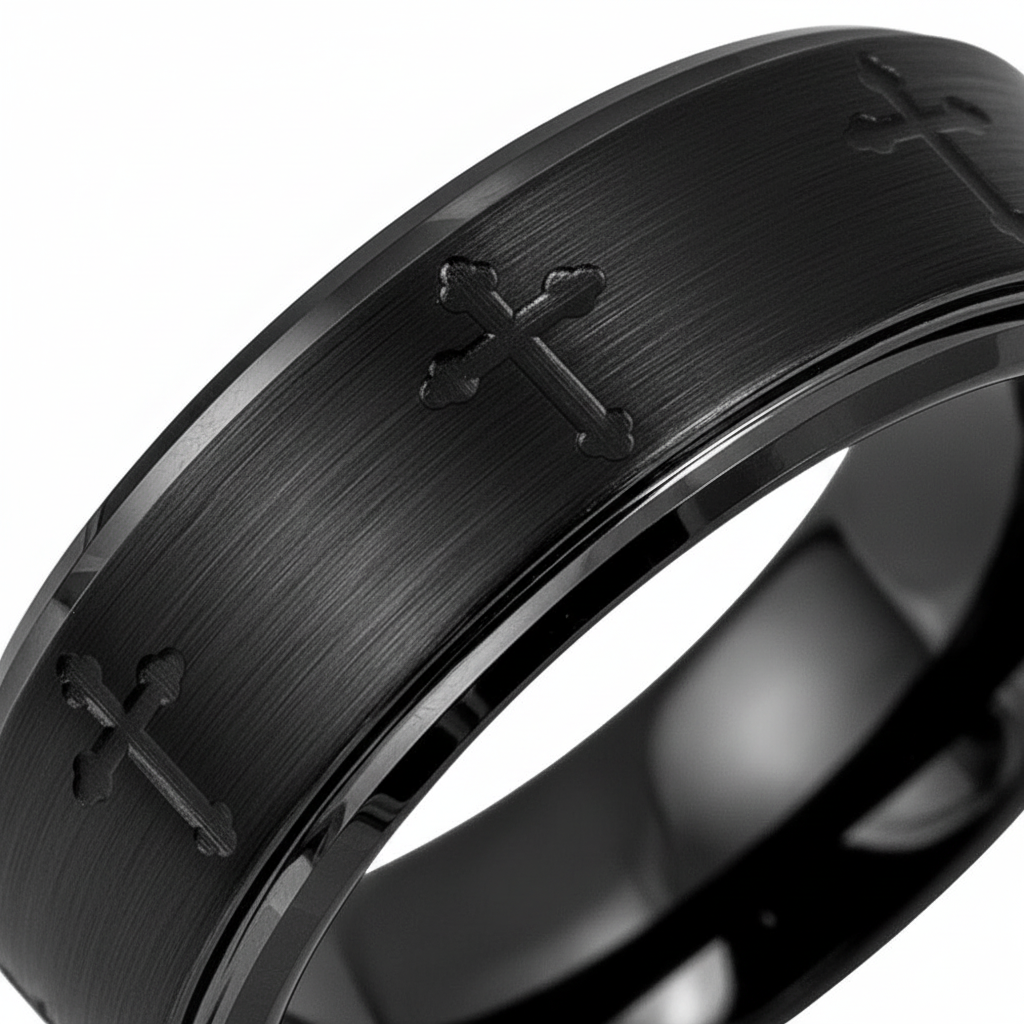IRONLANCE 8mm black tungsten ring extreme macro laser-engraved cross detail