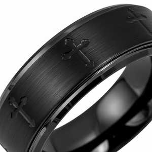 IRONLANCE 8mm black tungsten ring extreme macro laser-engraved cross detail
