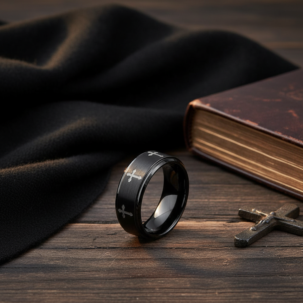 IRONLANCE black tungsten cross wedding ring masculine editorial still life