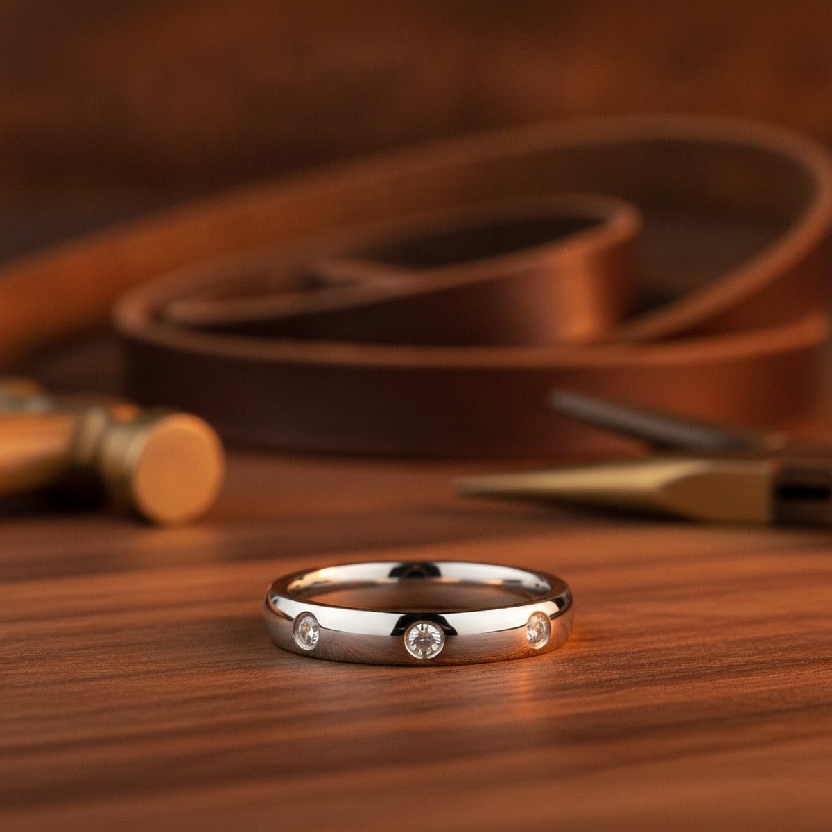 Aydins ISABELLA | Tungsten Carbide Ring, Diamond Accent lifestyle scene, dark walnut workshop