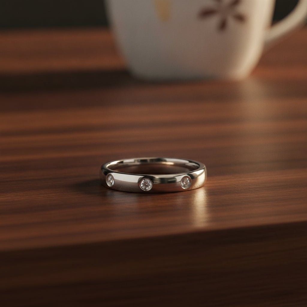 ISABELLA domed white tungsten wedding band with three small diamond accent stones set in a row on the center of the band and polished edges resting on a walnut wood counter, lifestyle scene