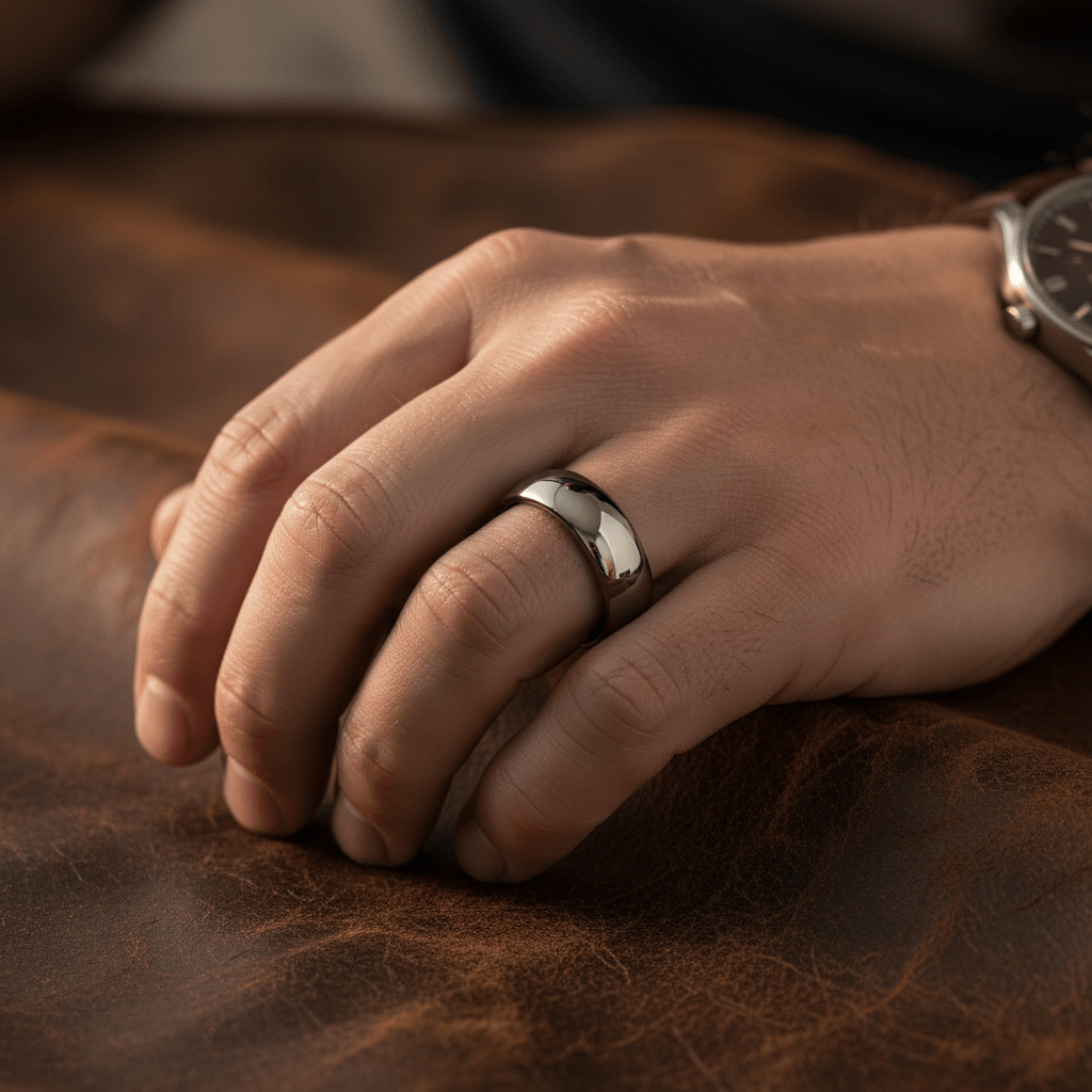 IVORY — Lifestyle photo on hand — men's tungsten wedding ring.
