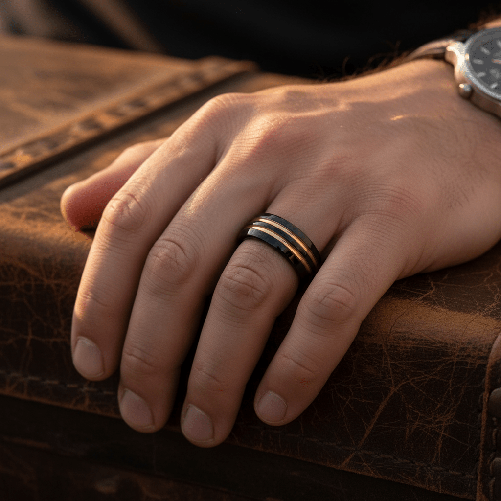 JAUCA — Lifestyle photo on hand — men's tungsten wedding ring.