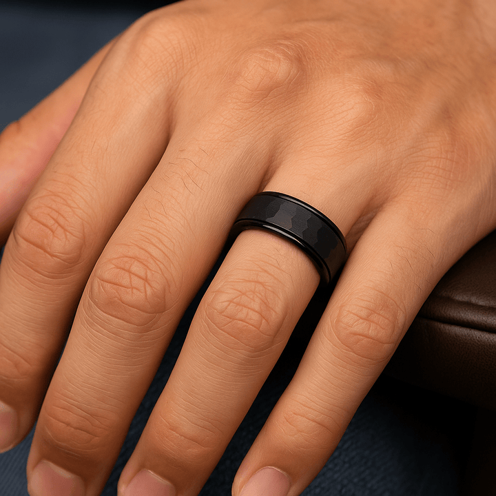 Close-up of offset groove and polished beveled edge on JOINER ring On Hand Ring Finger