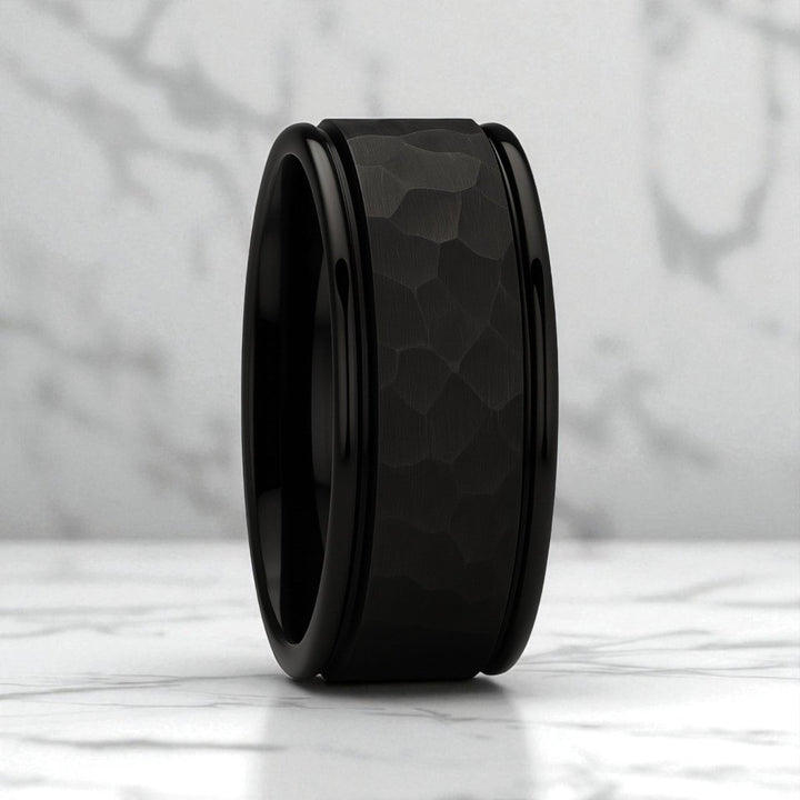 JOINER black tungsten ring with hammered center and dual grooves