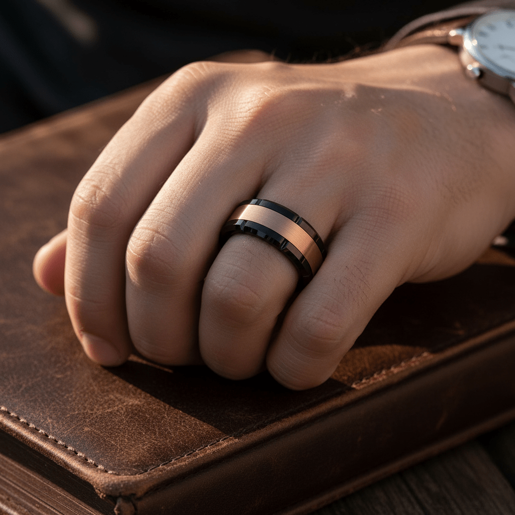 JOLT — Lifestyle photo on hand — men's tungsten wedding ring.