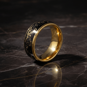 JOVIAN — Luxury 3/4 angle on dark marble — men's tungsten wedding ring.