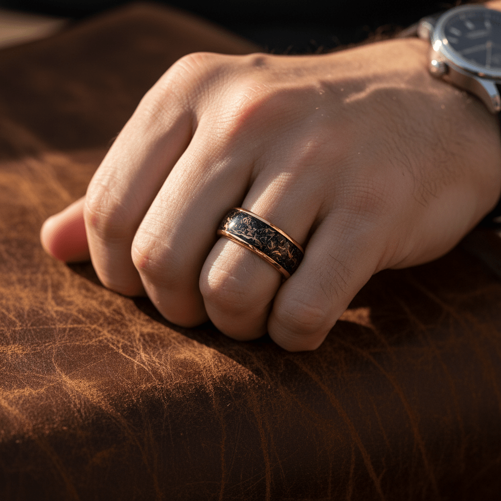JOVIAN — Lifestyle photo on hand — men's tungsten wedding ring.