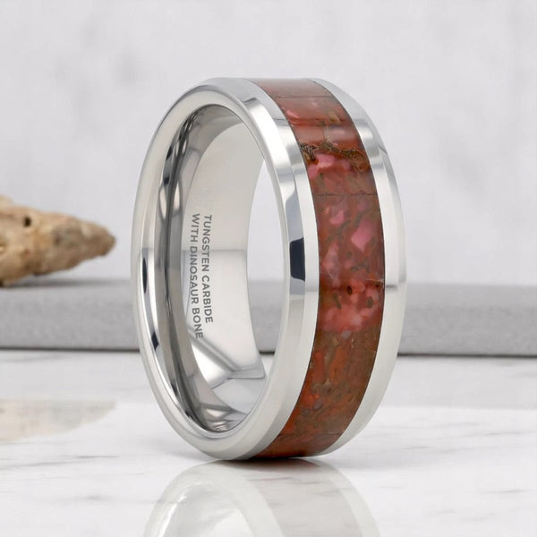 Front view of JURASSIC silver tungsten ring with genuine red dinosaur bone inlay