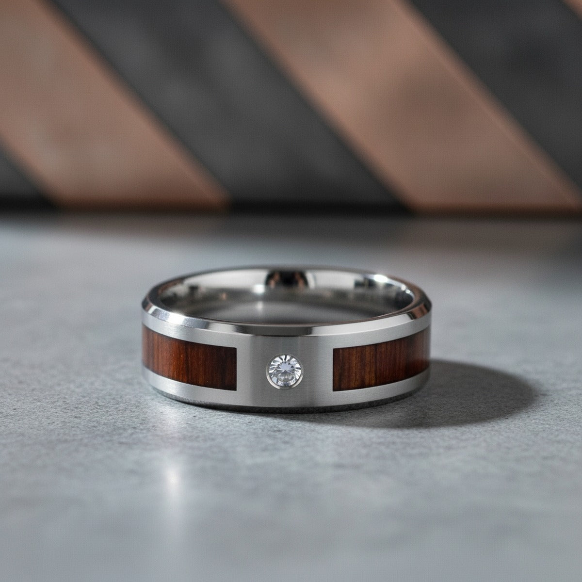 Aydins KAHUNA | Tungsten Carbide Ring, Koa Wood Inlay lifestyle scene, concrete industrial