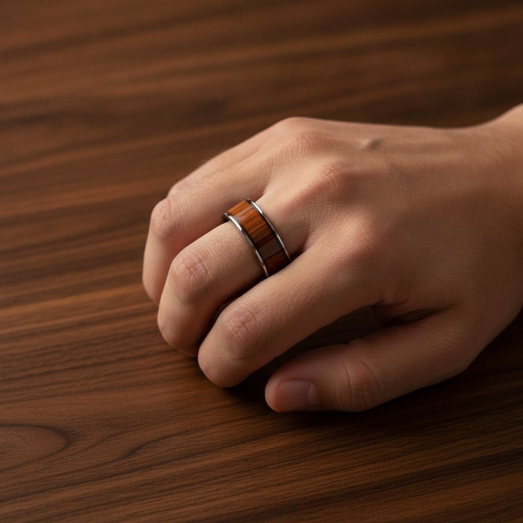 KALANI flat black tungsten carbide wedding band with koa wood inlay running around the band and polished edges worn on man's hand resting on walnut wood, lifestyle photo