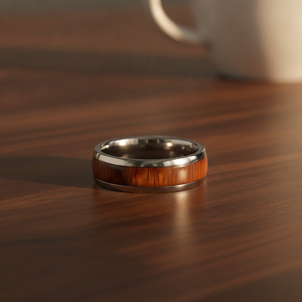 KAMEHA silver tungsten domed wedding band with koa wood inlay running around the band and polished finish resting on a walnut wood counter, lifestyle scene