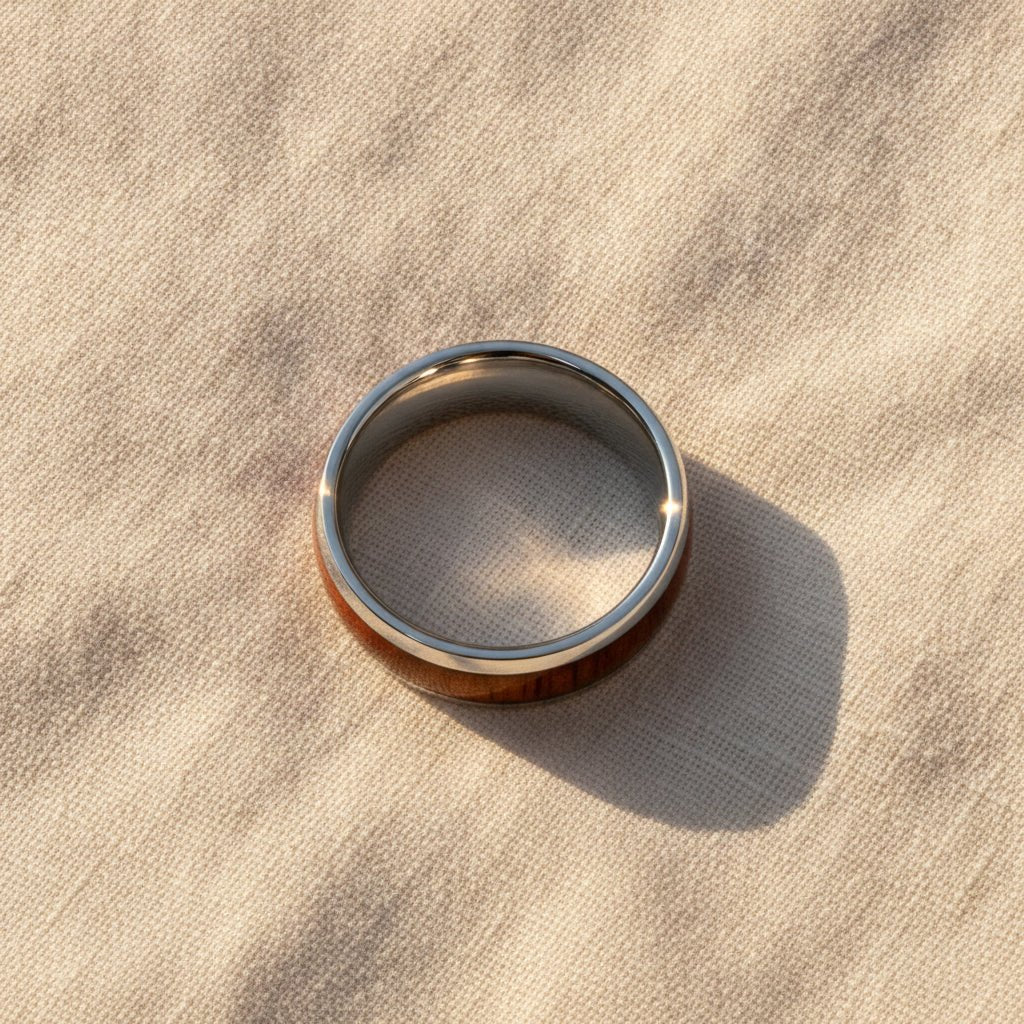 KAMEHA silver tungsten domed wedding band with koa wood inlay running around the band and polished finish macro detail overhead flat lay