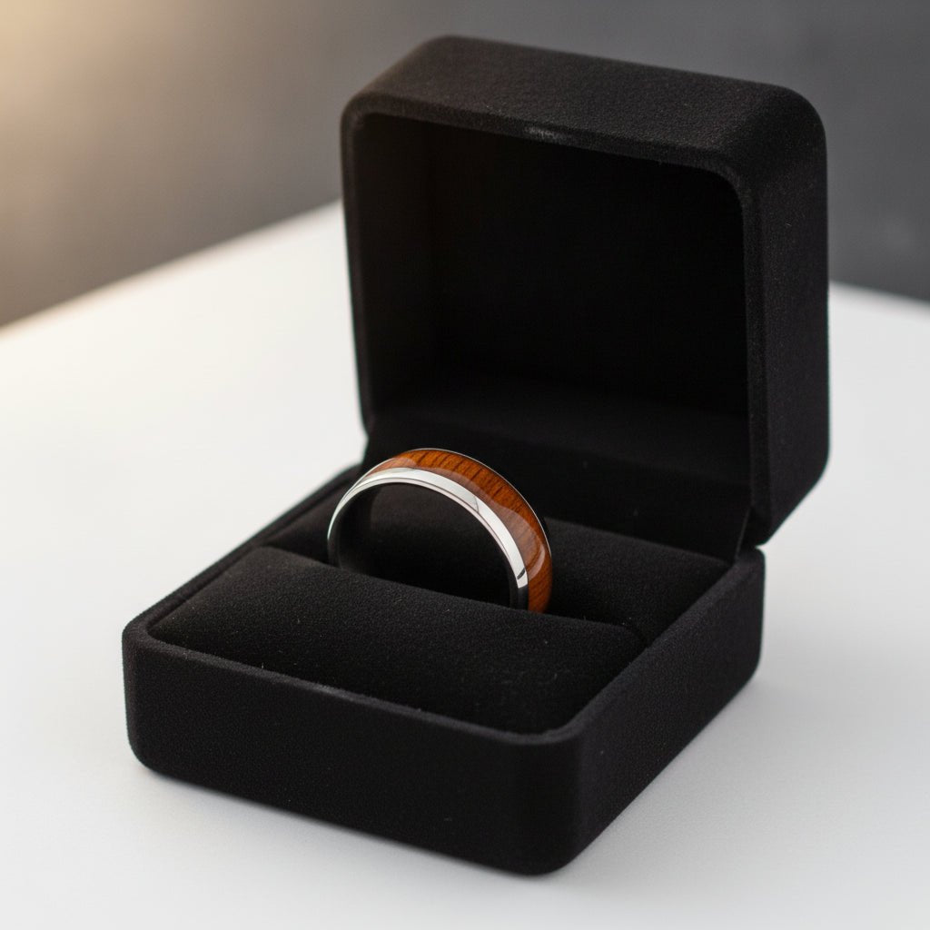 KAMEHA silver tungsten domed wedding band with koa wood inlay running around the band and polished finish nested in a black velvet ring box, editorial jewelry shot
