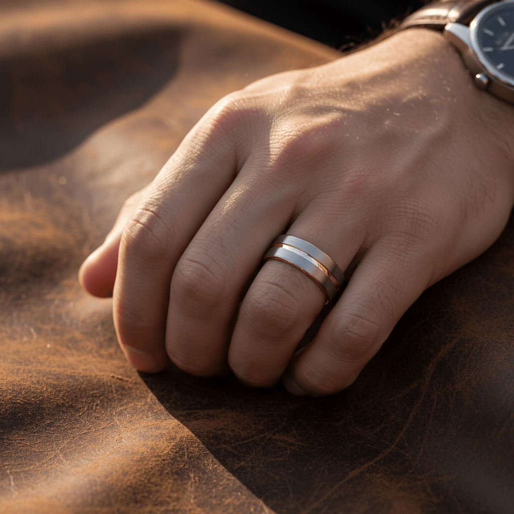 KASE — Lifestyle photo on hand — men's tungsten wedding ring.