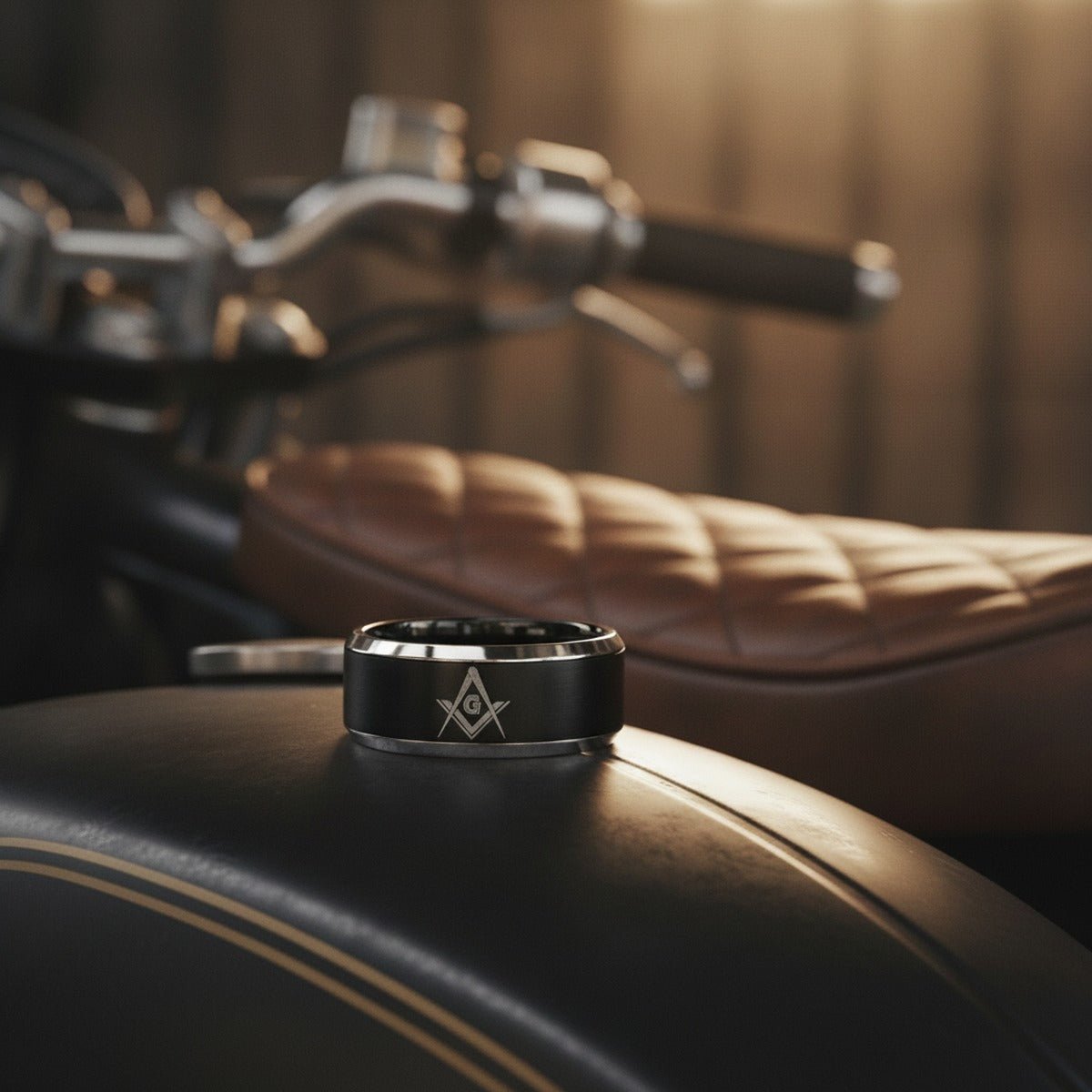 Aydins KATANA | Black Tungsten Ring, Mason Symbol, Silver Beveled Edge lifestyle scene, motorcycle tank