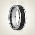 KILAUEA polished silver tungsten wedding band with black and gray lava rock stone inlay running around the band and polished beveled edges, studio hero shot