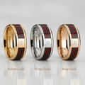 Red Carbon Fiber inlay 14k yellow gold wedding band 8mm with diamond, top view