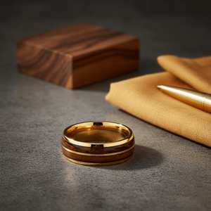 KOAFLARE — Editorial masculine still life — men's tungsten wedding ring.