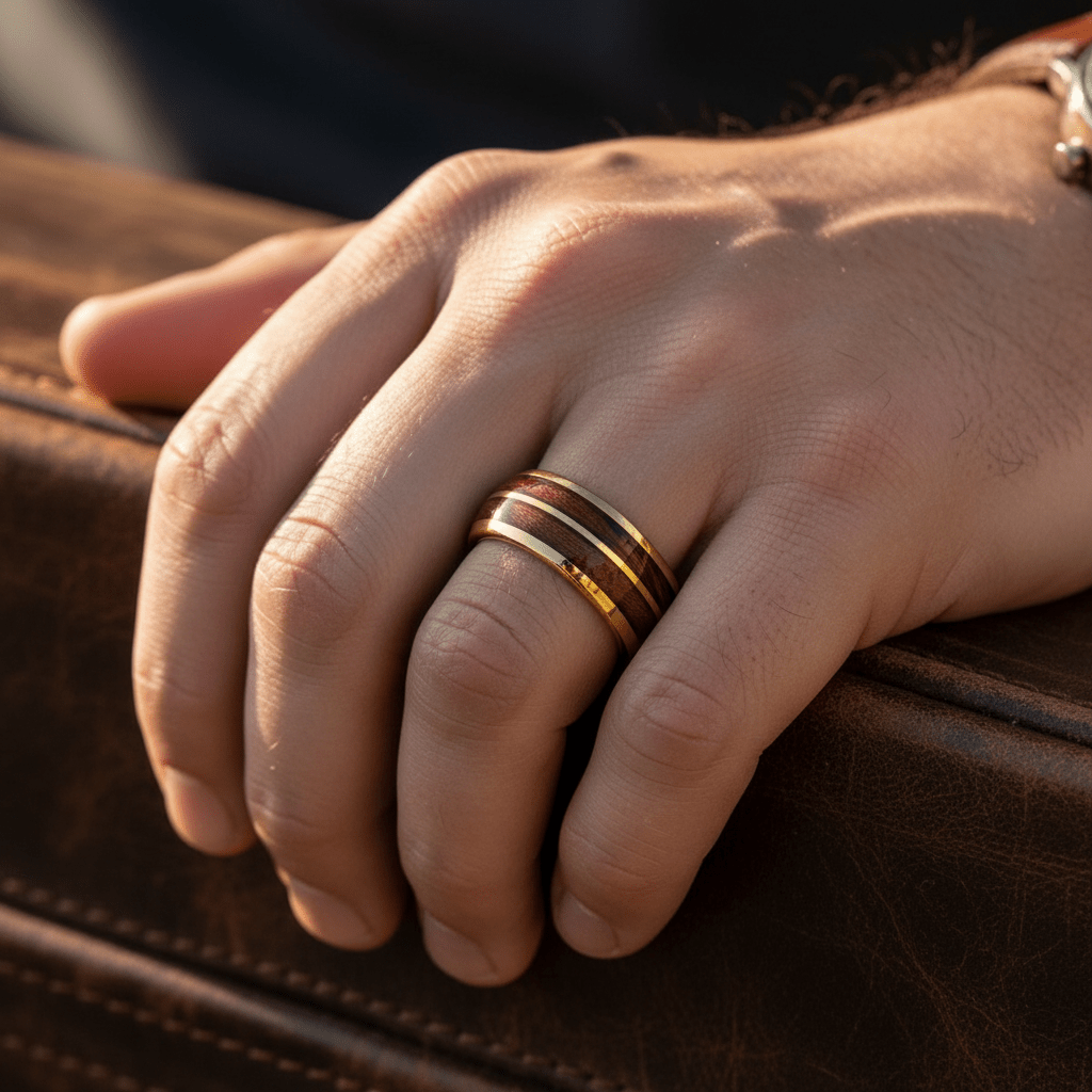 KOAFLARE — Lifestyle photo on hand — men's tungsten wedding ring.
