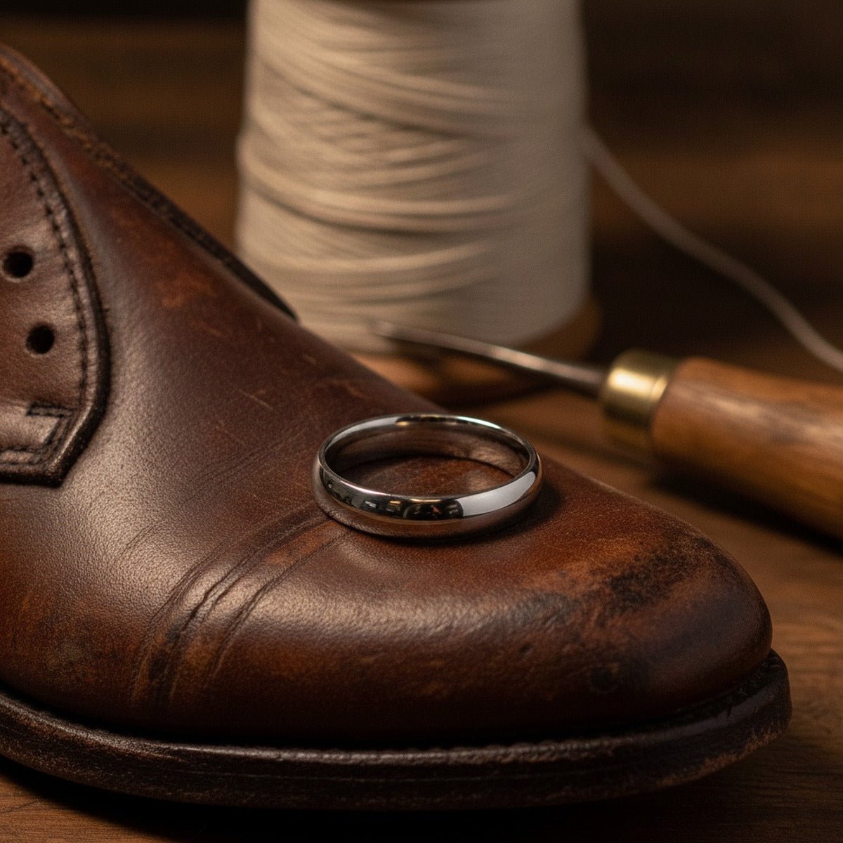 Aydins KOBOLD | Tungsten Ring Cobalt Domed lifestyle scene, cobbler lasts