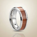 KODIAK silver tungsten carbide wedding band with rosewood inlay running around the band and polished edges, studio hero shot