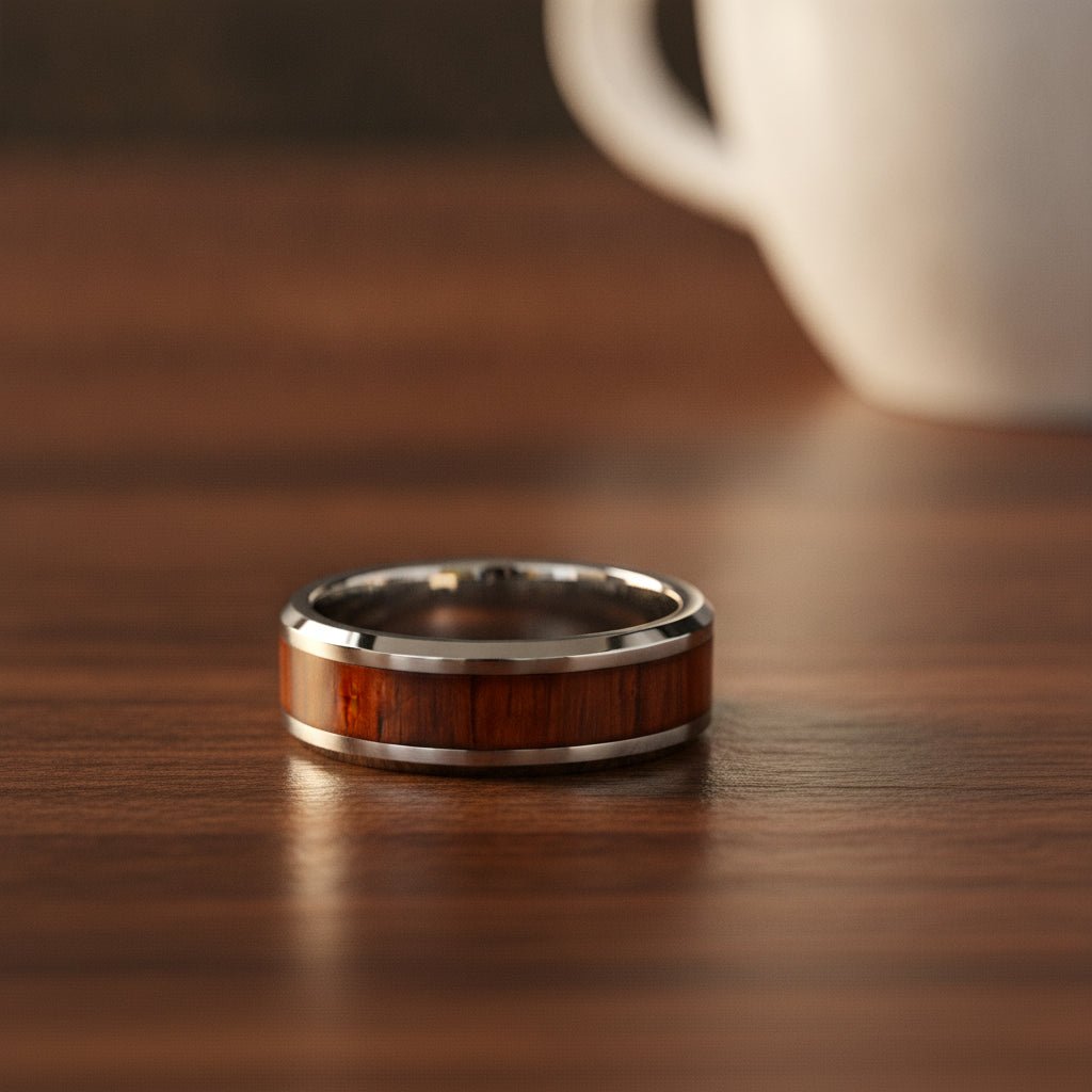 KONA silver tungsten carbide ring with hawaiian koa wood inlay running around the band and polished beveled edges resting on a walnut wood counter, lifestyle scene
